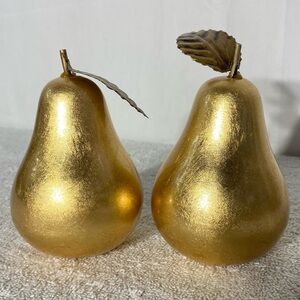 Gold Tone Decorative Glass Pears W Metal Leaves x2